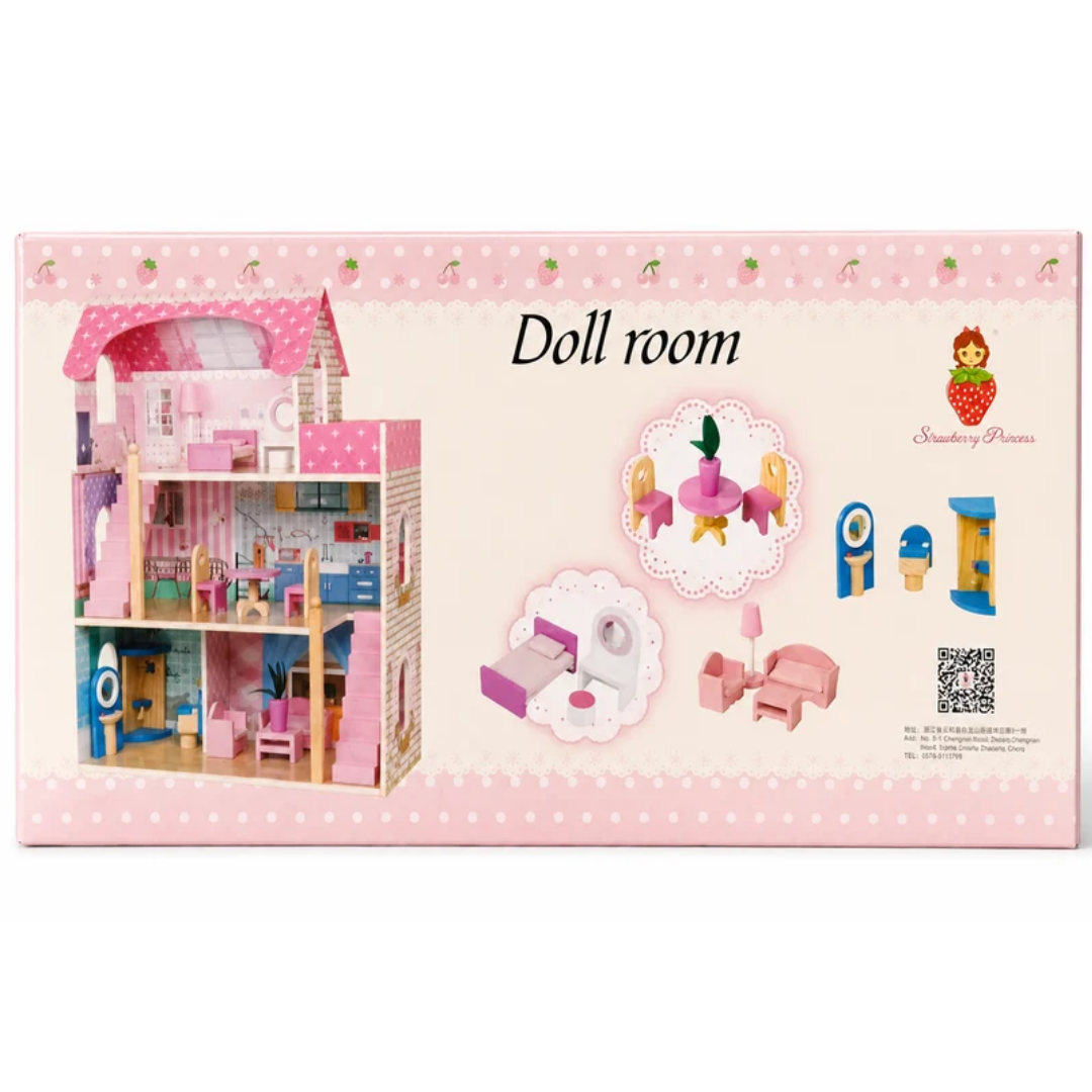 Rainbow Toys Pink Doll Room Wooden Dollhouse with Furniture Set for Kids