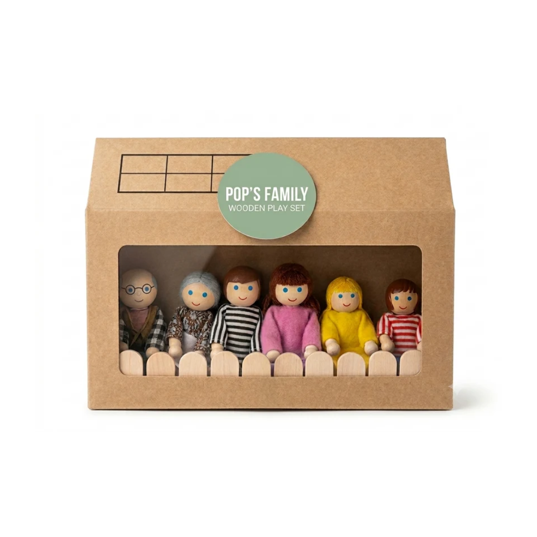 Playblox Pop's Family Wooden Doll Set – 6-Piece Handcrafted Eco-Friendly Wooden Family Playset