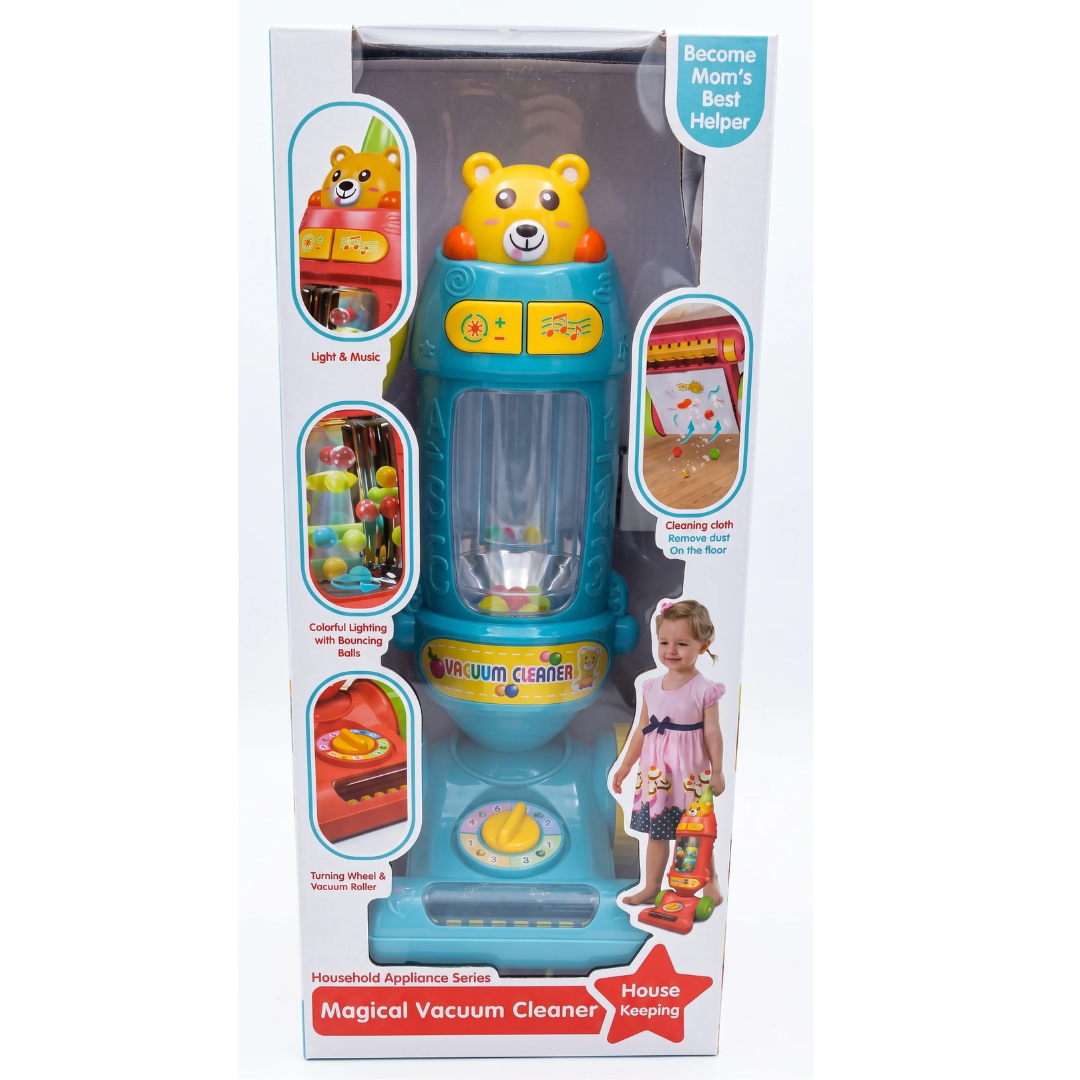 Cute Bear Magical Vacuum Cleaner Toy with Interactive Lights, Melodies & Floor Roller for Kids