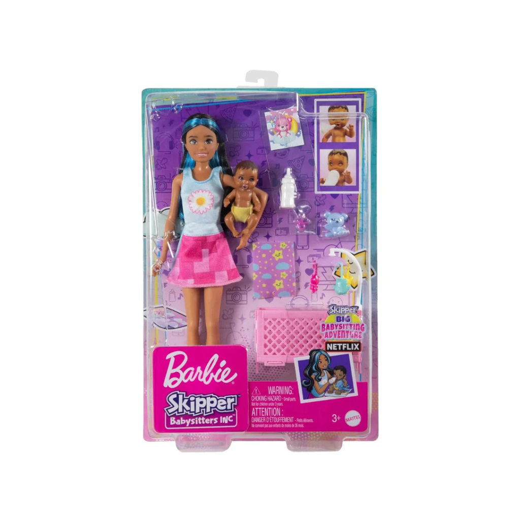 Barbie Skipper Babysitters Crib Playset With Latina Friend Doll, Baby Doll with Sleepy Eyes, Furniture and Themed Accessories