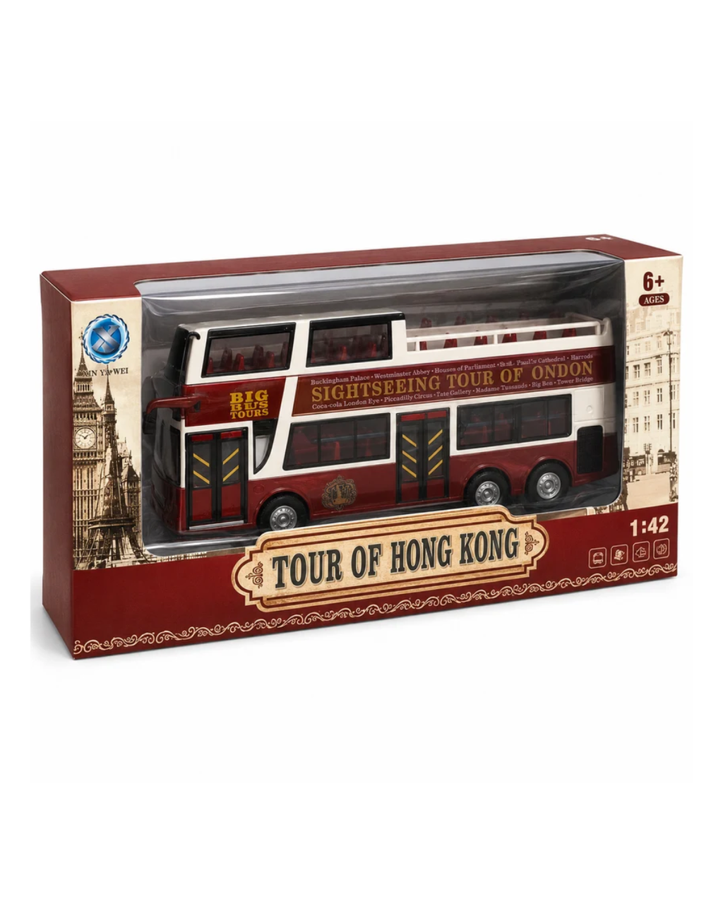 Tour of Hong Kong Big Bus Toy Sightseeing Double Decker Bus Model, 1:42 Scale, 6+ Years