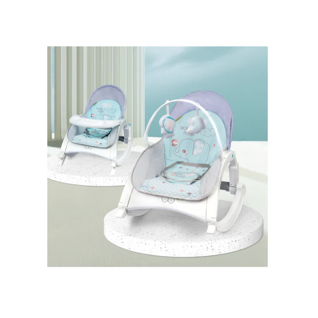 R For Rabbit 3 in 1 Rock N Play Rocker - Adjustable Backrest Recline, Detachable Toy Bar, Soothing Music & Vibration, Adjustable Green Grey