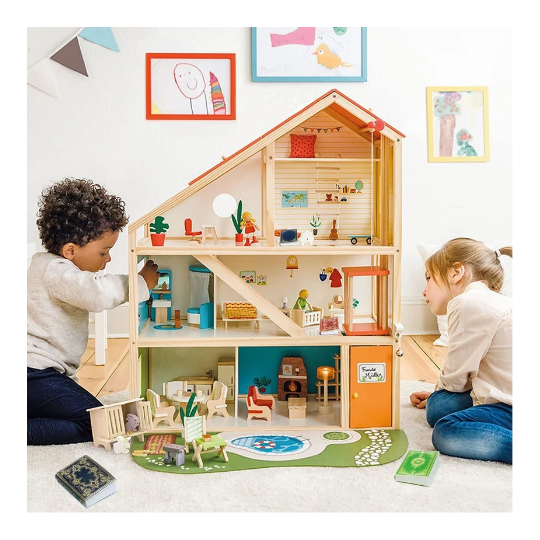 Rainbow Toys Open wooden dollhouse – 2 floors with furniture