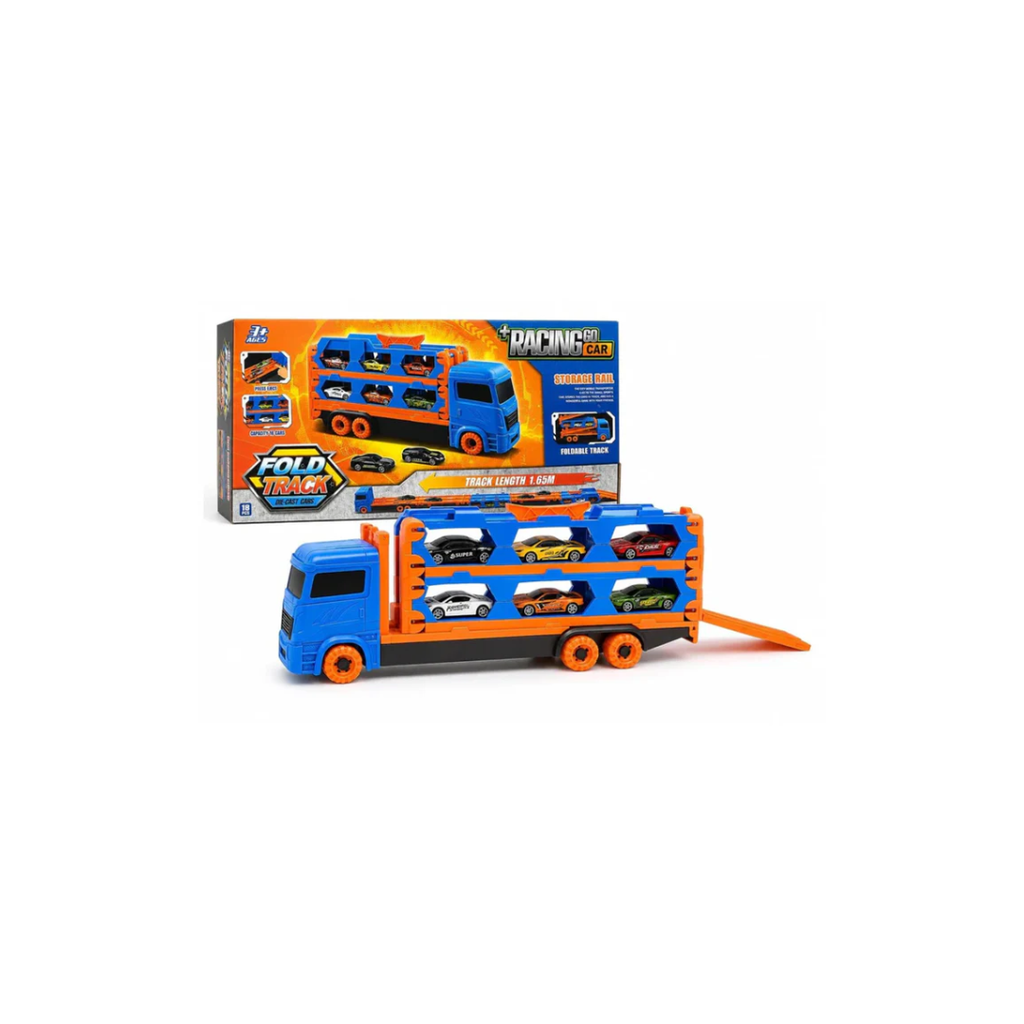 Fold Track Car Transporter Toy Truck with Race Track & 6 Die-Cast Cars
