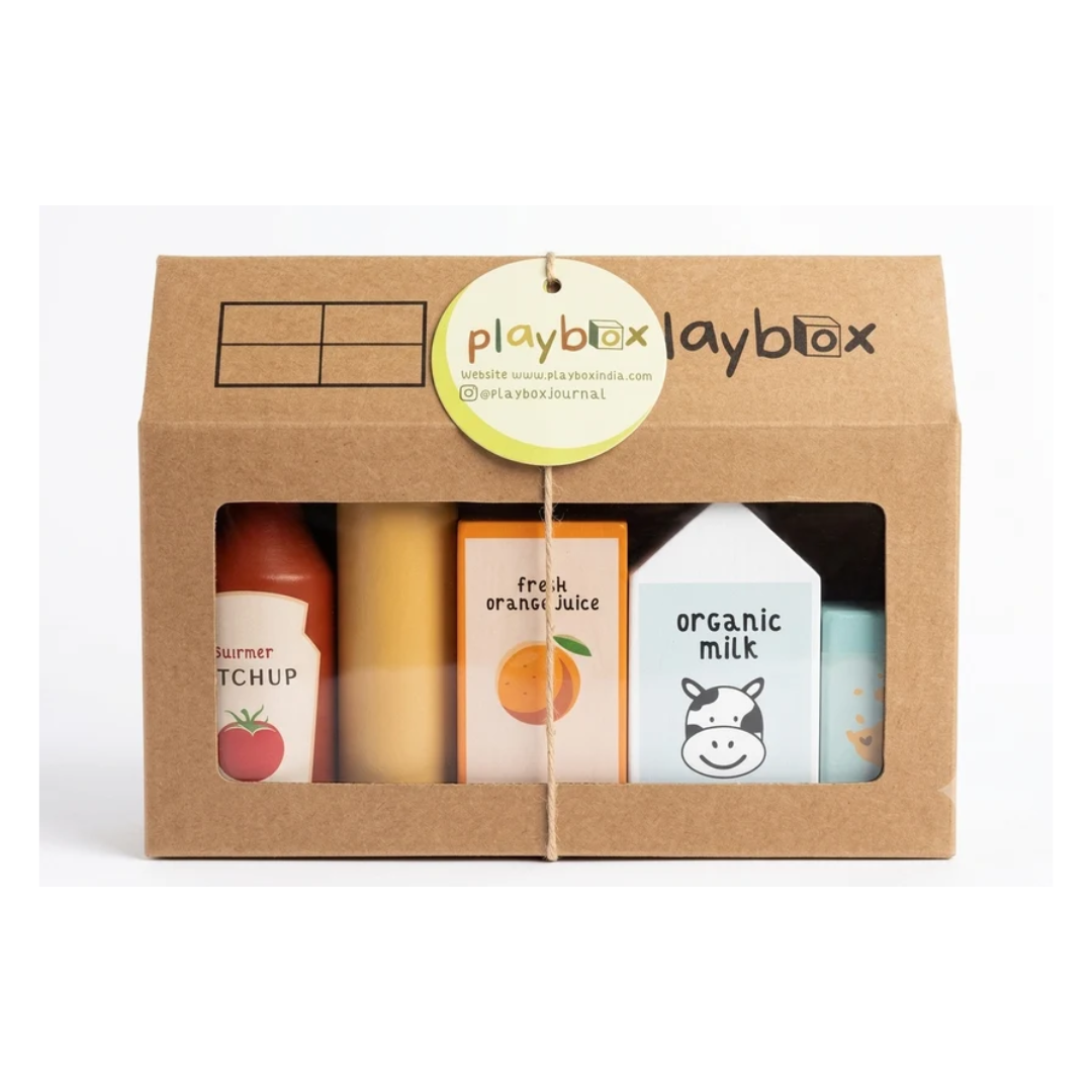 Playbox Wooden Kitchen Grocery Play Set with House Packaging Box