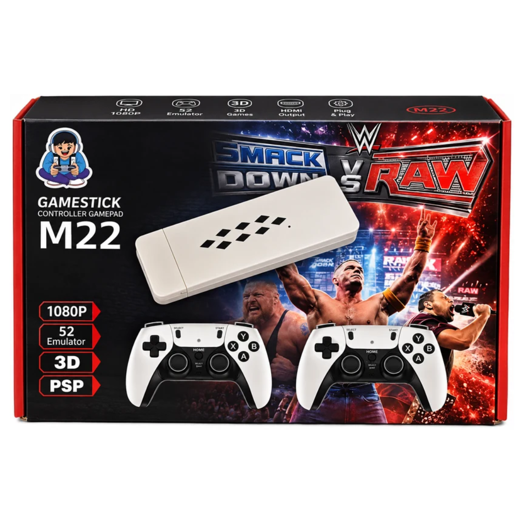 M22 Retro Game Stick Console with Dual Wireless Controllers – 1080P 52 Emulators