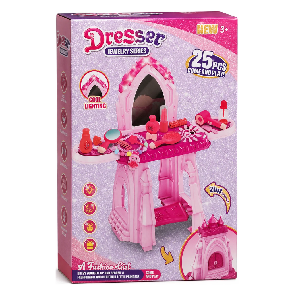 Kids Princess Dressing Table & Jewelry Set – 25 Pcs Fashion Vanity Set with Cool Lighting