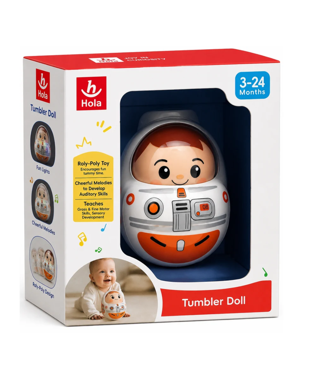 Hola Tumbler Doll Musical Roly-Poly Toy for Babies Self-Righting Sensory Toy with Lights & Music