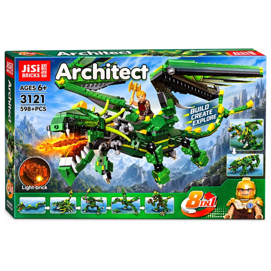 JiSi Bricks Architect 8-in-1 Green Dragon Building Blocks Set with Light Brick – 598+ PCS 6Y+