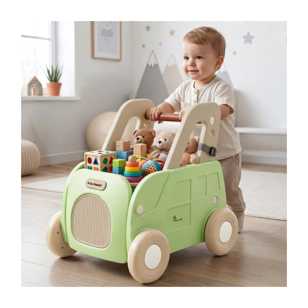 R For Rabbit Kiddie Kart 4 in 1 Kids Toy Storage Cart, Sit & Ride, Push Walker & Pull Along Green Beige
