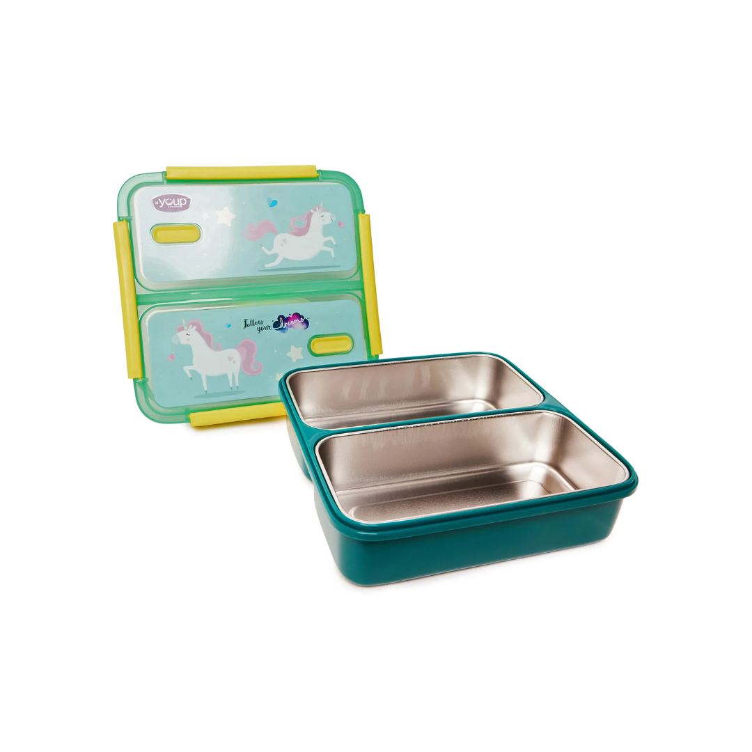 YOUP Stainless Steel Pluto Unicorn Theme Kids Bento Lunch Box With 2 Compartments