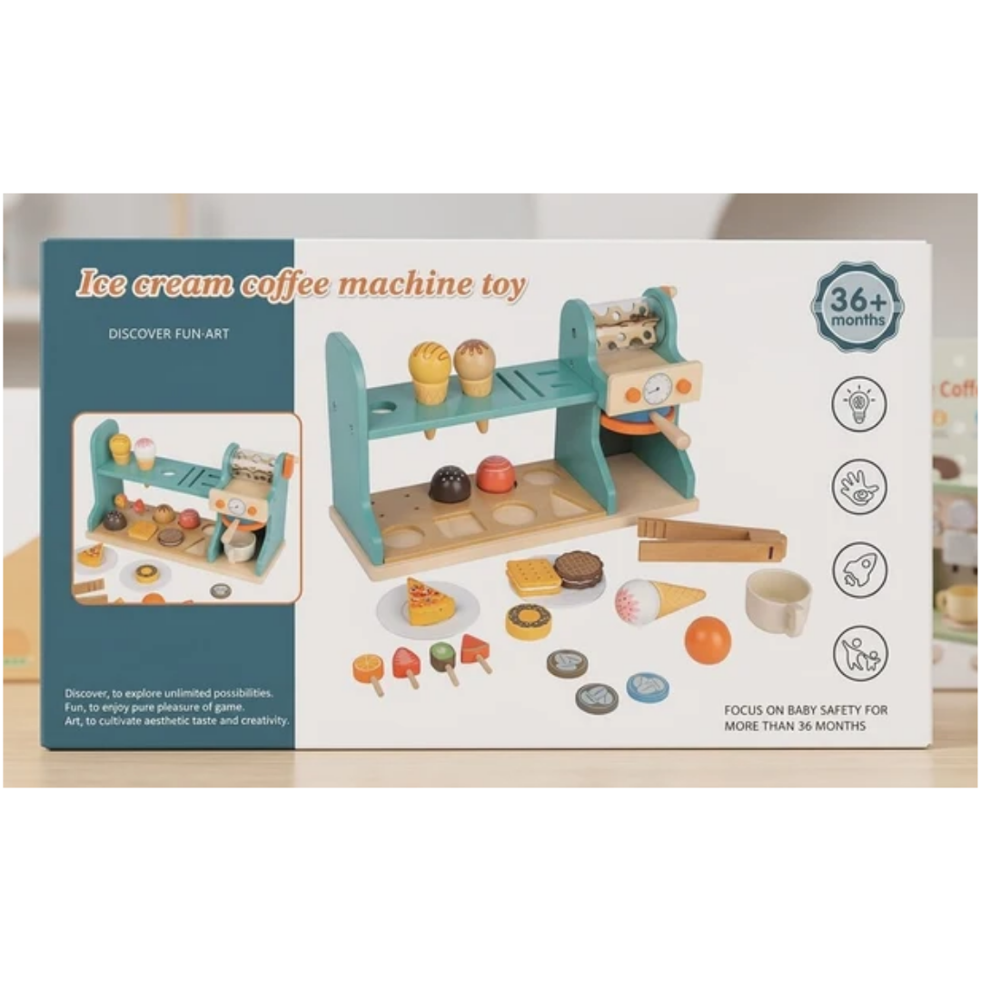 2-in-1 Wooden Ice Cream & Coffee Machine Playset – Montessori Pretend Play Kitchen Café & Dessert Counter Toy for Kids (Ages 3+)