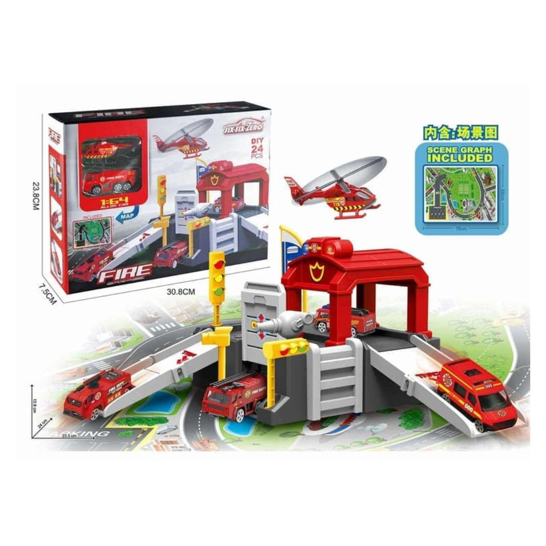 Fire Garage DIY 24 Pcs Building Set with Fire Trucks, Helicopter & Road Map – 1:64 Alloy Cars