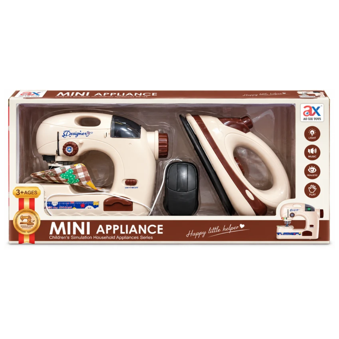 Mini Appliance Kids Sewing Machine & Electric Iron Pretend Play Set with Light – 3+ Years