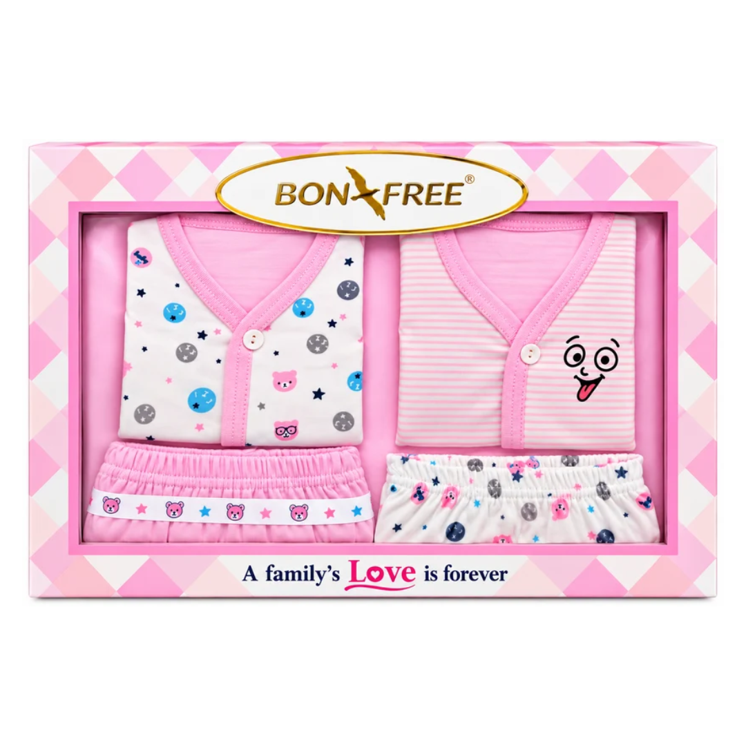 Bonfree Newborn Baby 100% Cotton 4-Piece Clothing Gift Set – Pink Size 0