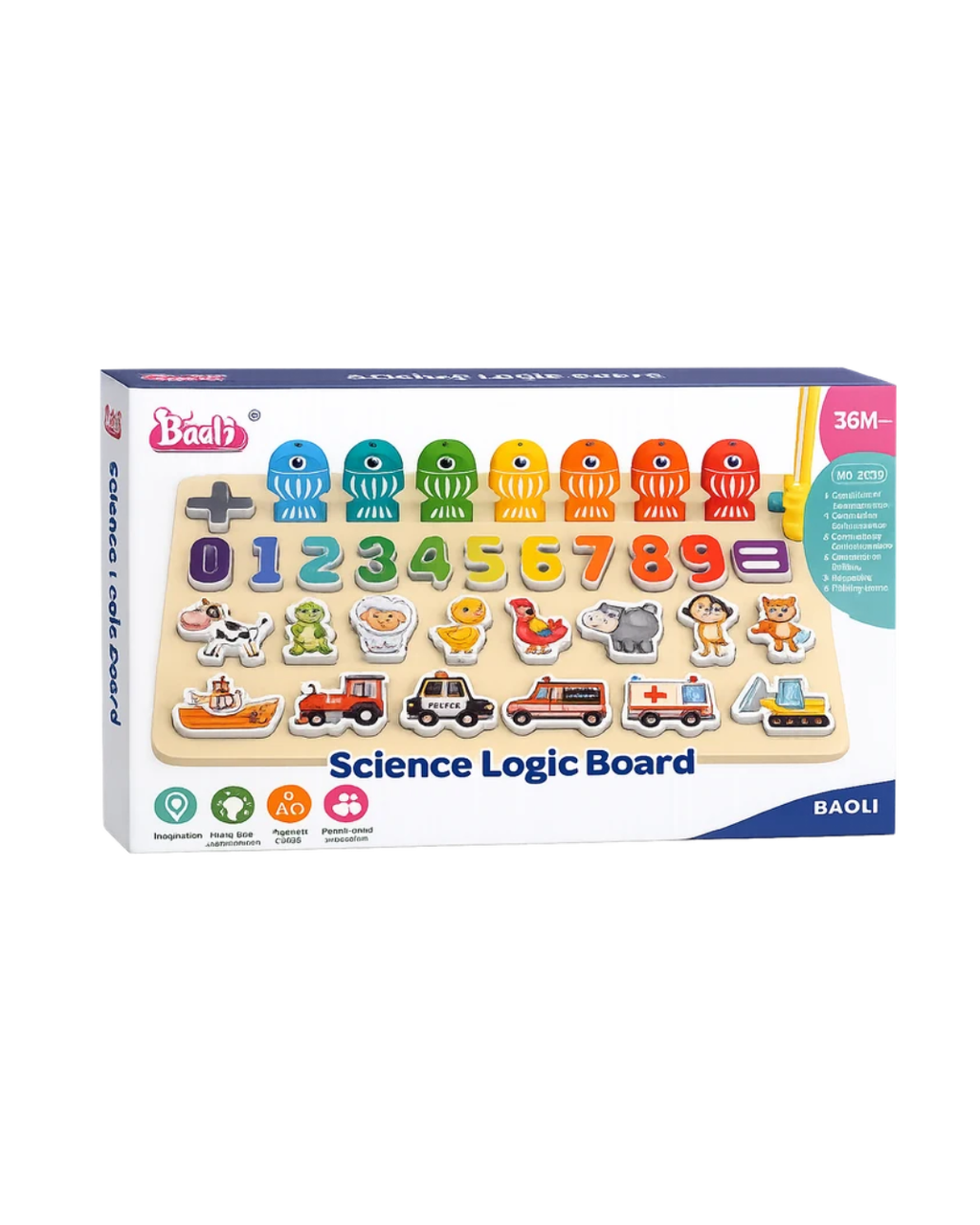 Baoli Science Logic Board Wooden Puzzle Educational Montessori Learning Board Numbers, Animals, Vehicles & Shapes