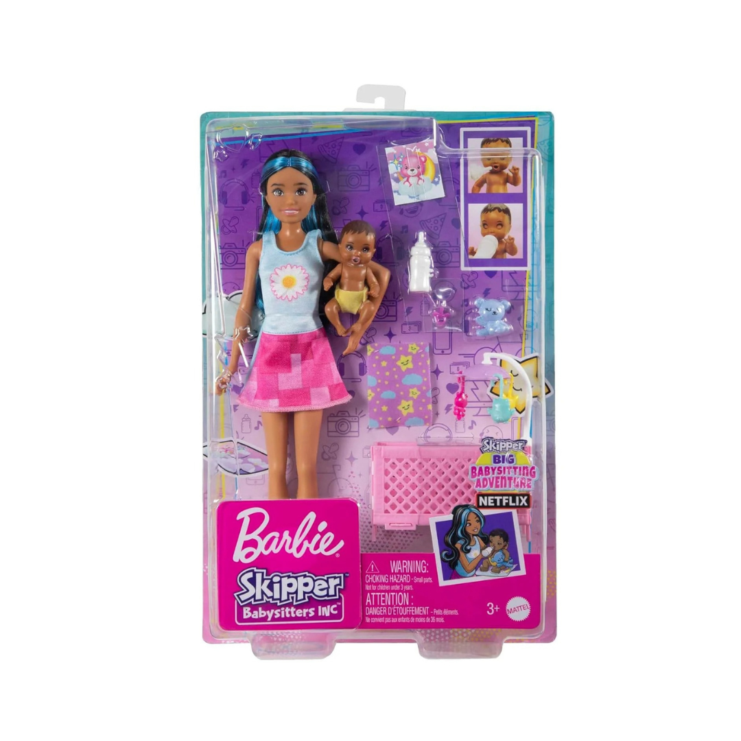 Barbie Skipper Babysitters Crib Playset With Latina Friend Doll, Baby Doll with Sleepy Eyes, Furniture and Themed Accessories