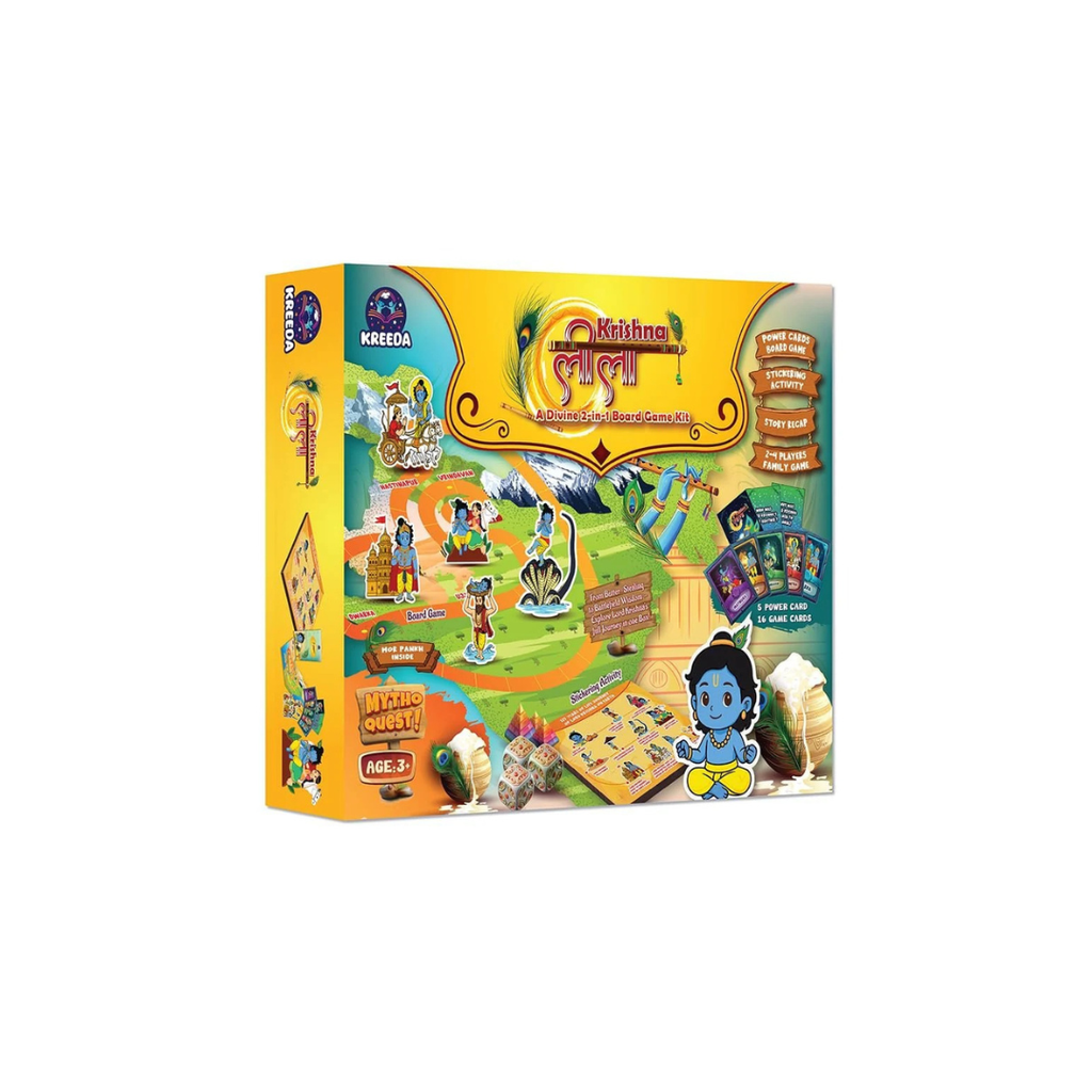 Kreeda Krishnaleela  2-in-1 Board Game for Kids & Adults Reusable Stickering Activity  Lord Krishna Story
