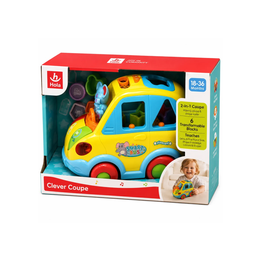 Hola Clever Coupe 2-in-1 Shape Sorter Activity Bus Musical Learning Toy 6 Shape Blocks 18–36 Months