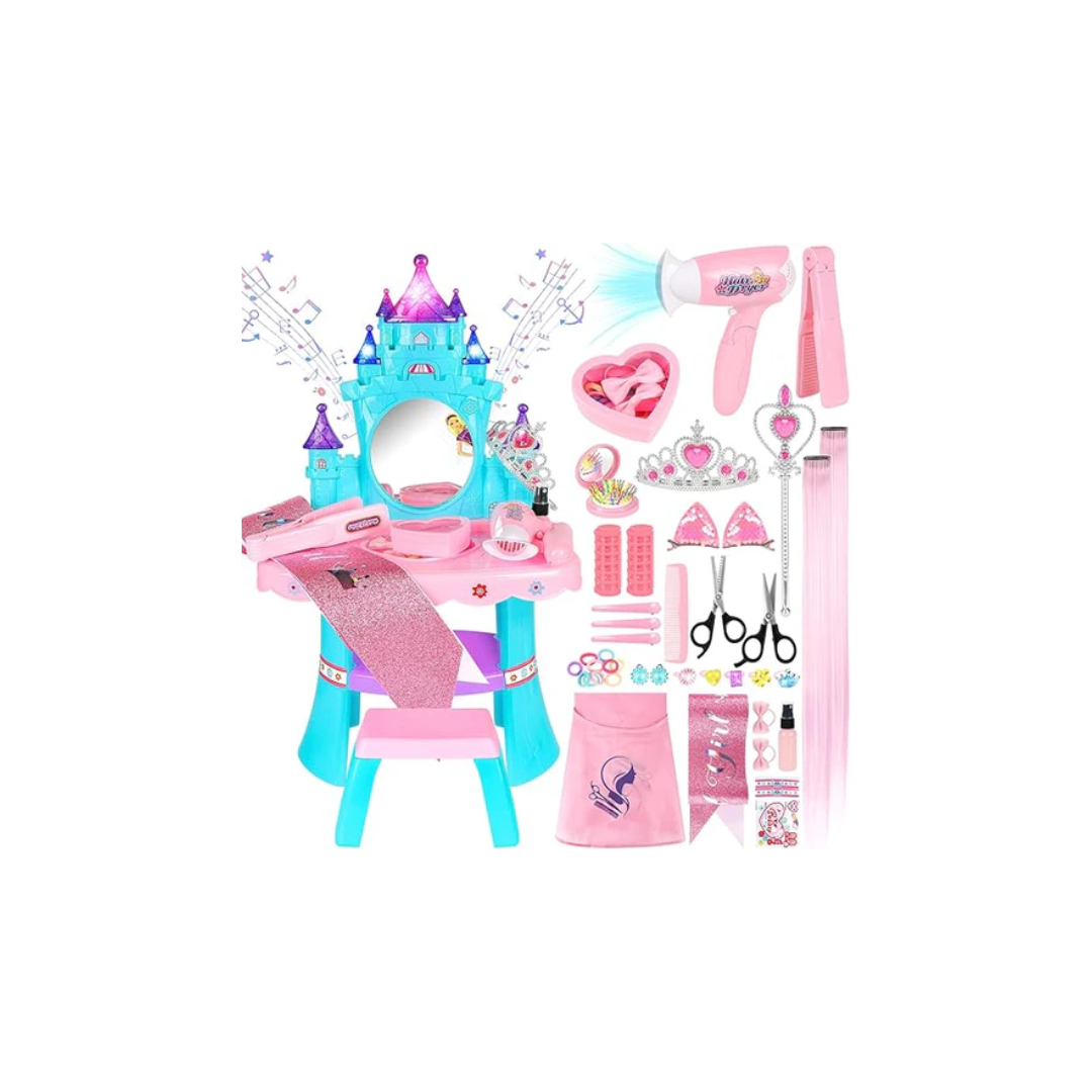 Rainbow Toys  Makeup Vanity Table and Chair Set with Mirror, Light and Music, Little Girl Vanity with Hair Salon