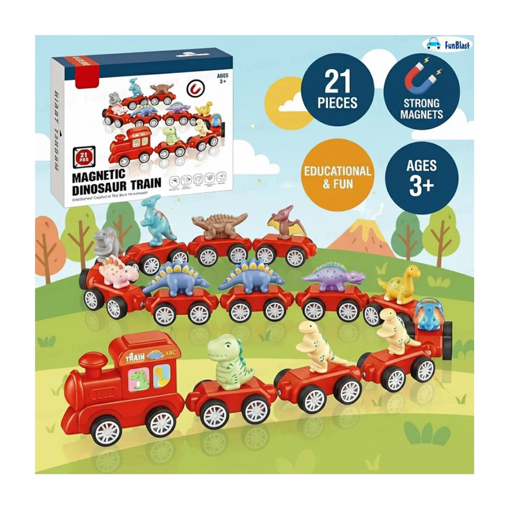 Magnetic Dinosaur Train Toy – 21 Pcs Dinosaur Educational Train Set for Kids 3+