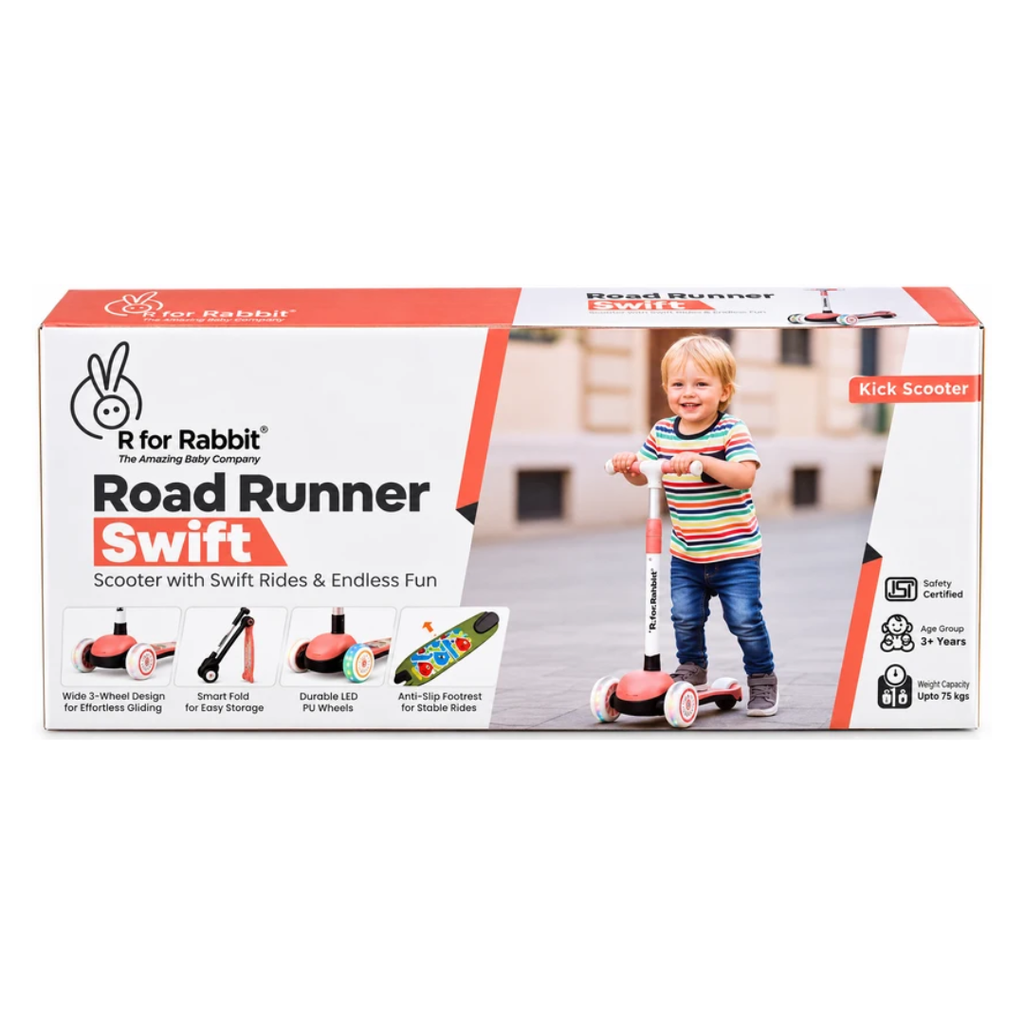R for Rabbit Road Runner Swift Kids Kick Scooter with LED Wheels Blue Orange 3+ Years