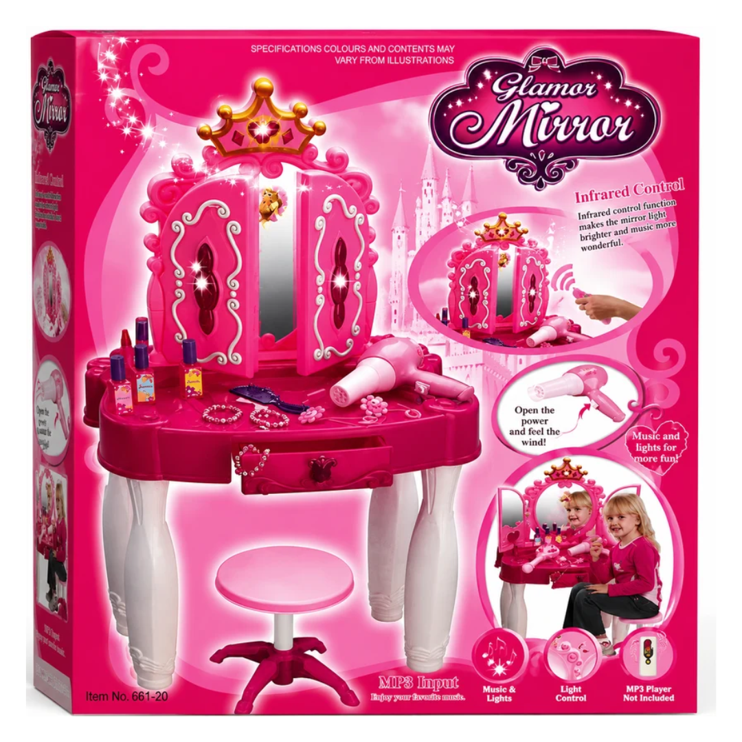 Glamor Mirror Kids Vanity Dressing Table Set with Mirror, Stool & Beauty Accessories