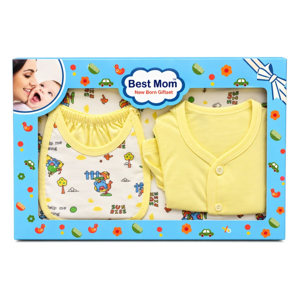 Best Mom Newborn Baby 100% Cotton Clothing Gift Set with Bib – Yellow Size 0