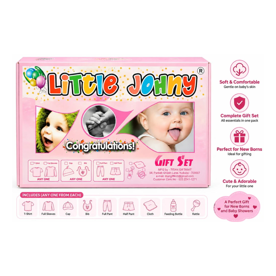 Little Johny Newborn Baby 100% Cotton Clothing Gift Set with Cap – Pink