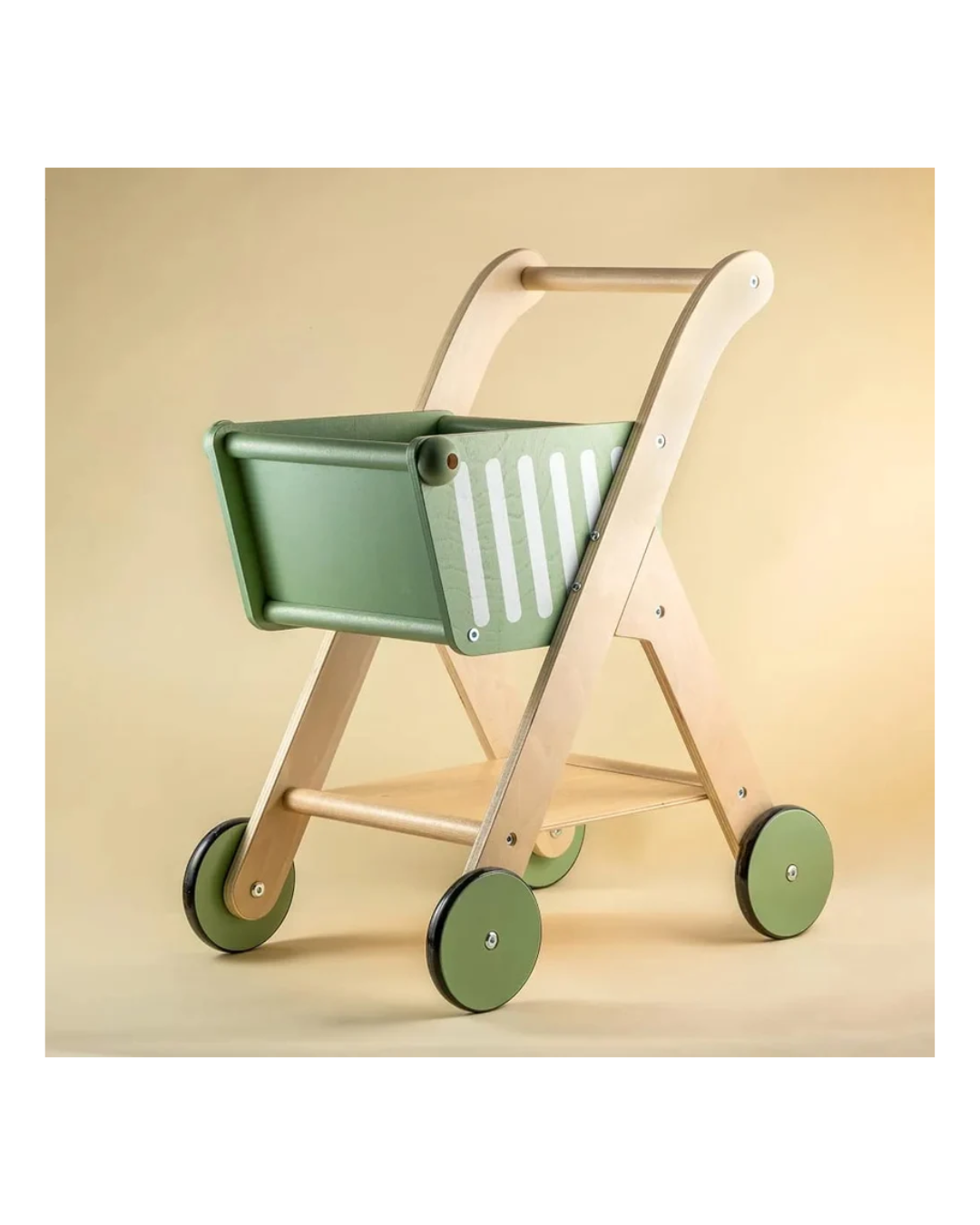 Playblox Shop 'N' Roll Wooden Shopping Trolley – Durable Pretend Play Grocery Cart for Toddlers, Easy Assembly Wooden Push Toy Set