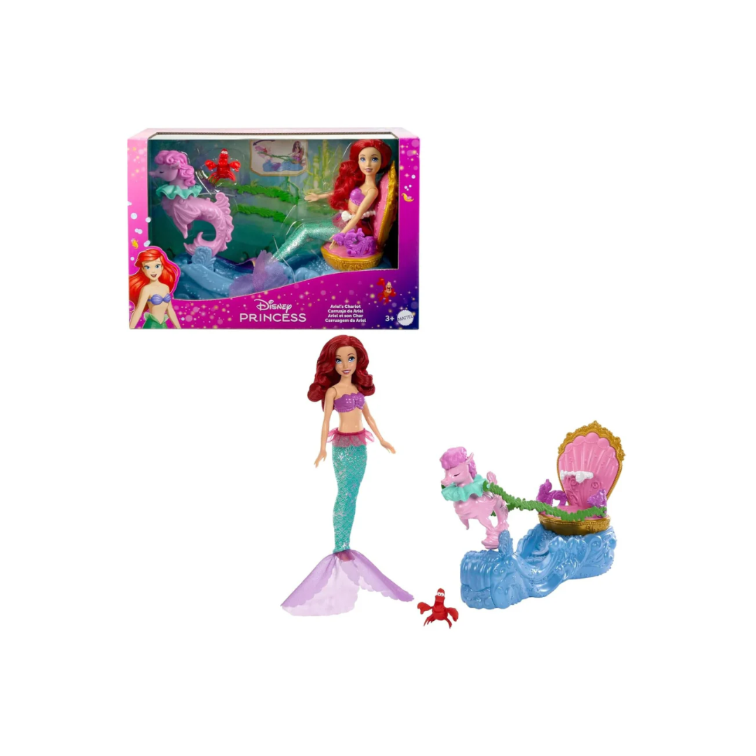 Mattel Disney Princess Ariel Mermaid Doll & Rolling Chariot with Removable Fashion Tail & Sebastian Figure