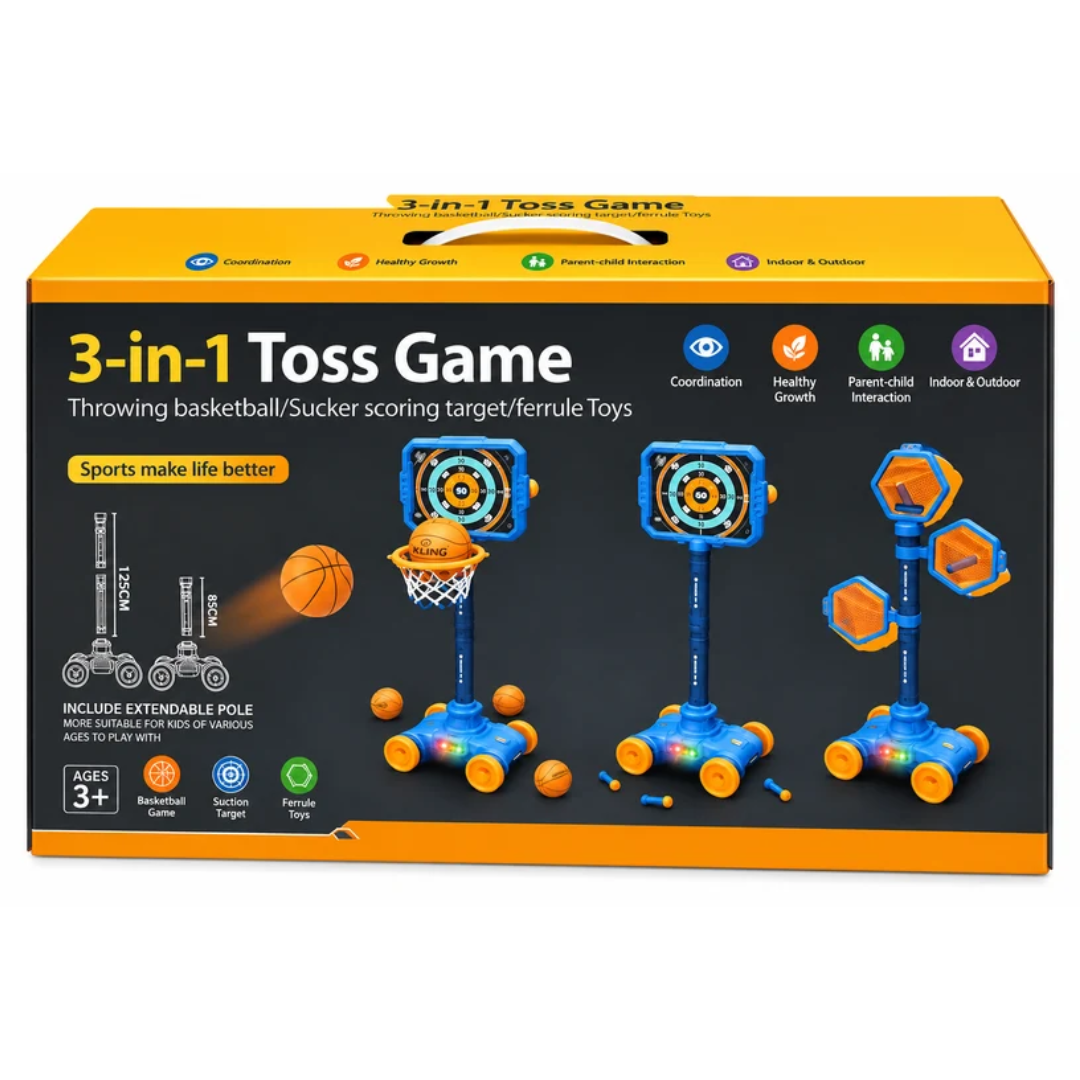 3-in-1 Toss Game for Kids – Basketball, Sucker Target & Ferrule Toss with Adjustable Stand