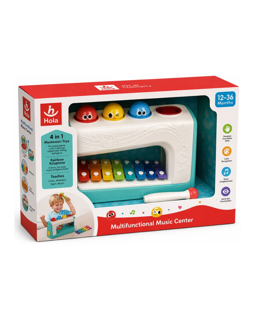 Hola Multifunctional Music Center 4-in-1 Montessori Musical Toy with Xylophone, Hammer Game & Ball Drop