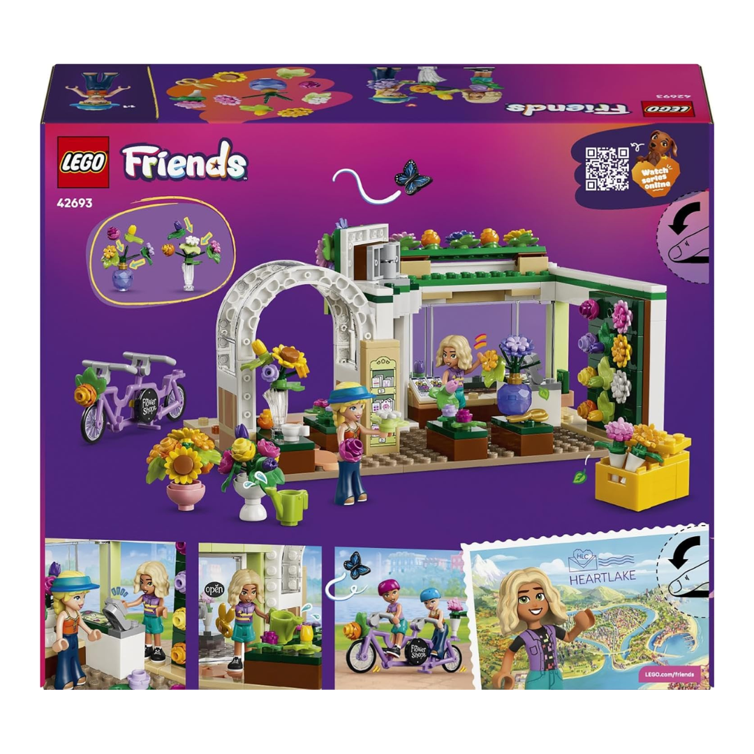 LEGO Friends Creative Flower Shop Building Set 42693, 377 Pieces, Flower Store with 2 Minidolls & Tandem Bicycle – 7+ Years