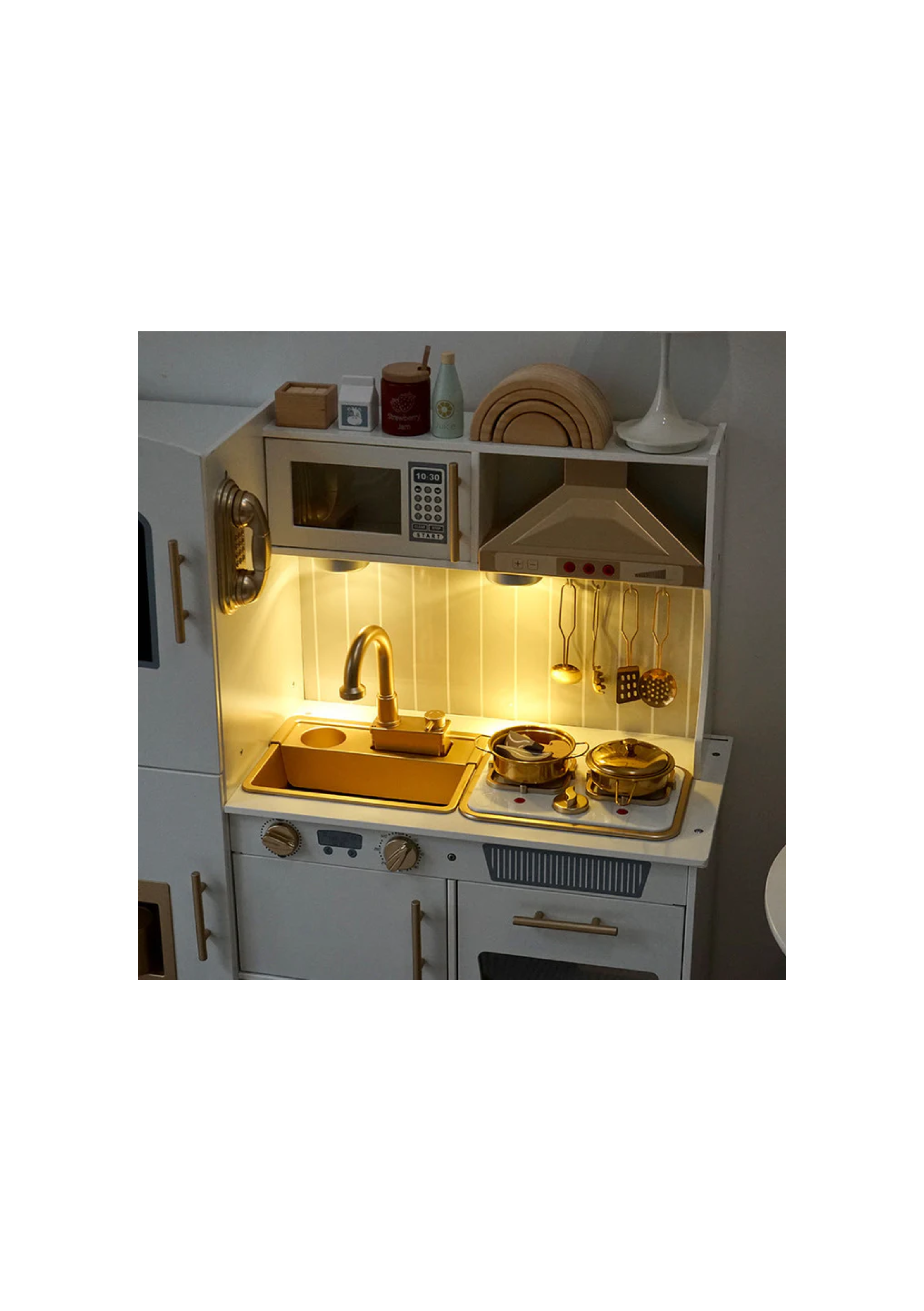 Rainbow Toys Wooden Pretend Play Kitchen Set with Light and Sound with Sink Play Toy,Oven Microwave,Toddler Cooking Set