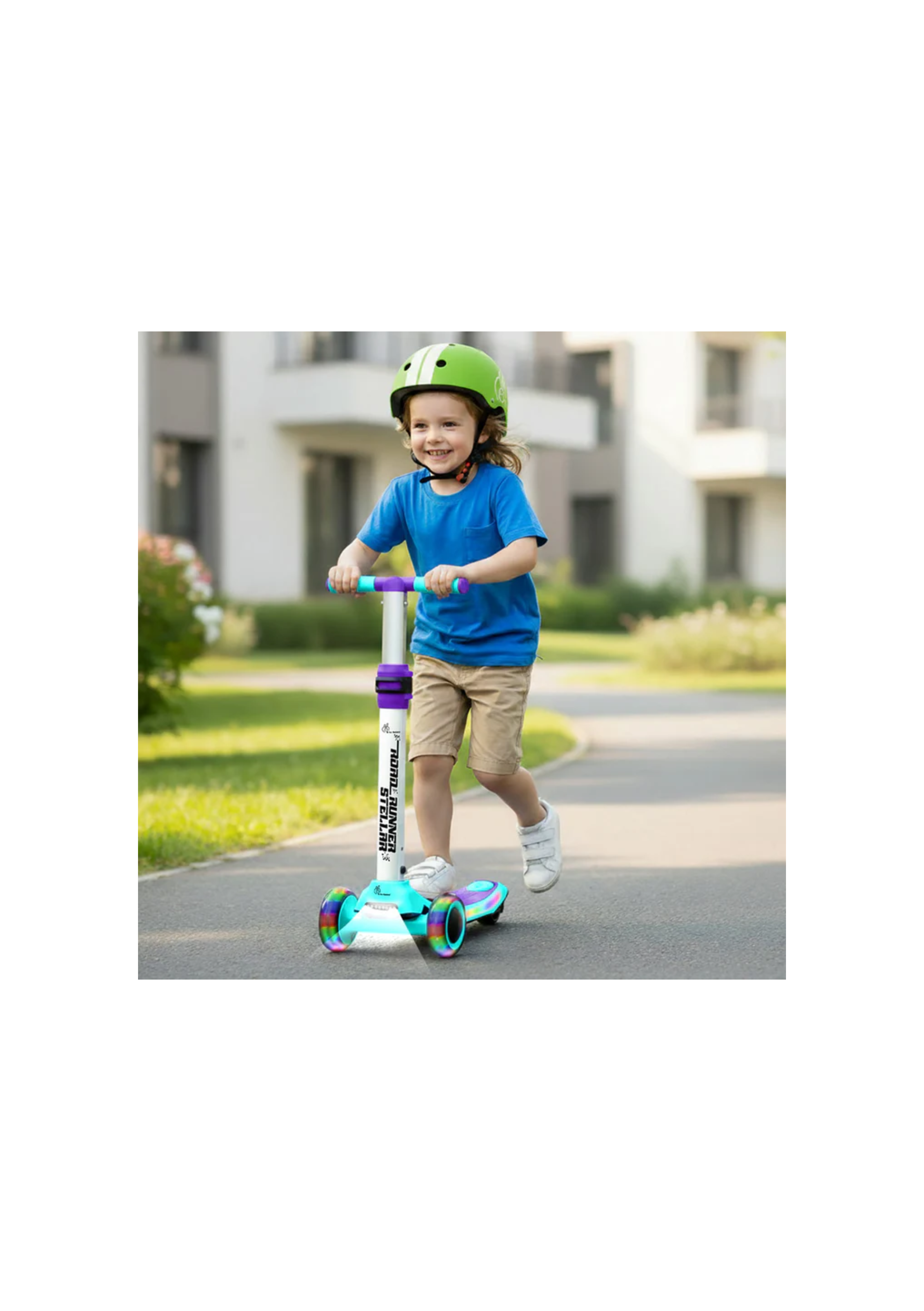 R For Rabbit Road Runner Stellar - LED Scooter for Kids with Bluetooth Music, Adjustable Height & Smooth Ride Green Purple