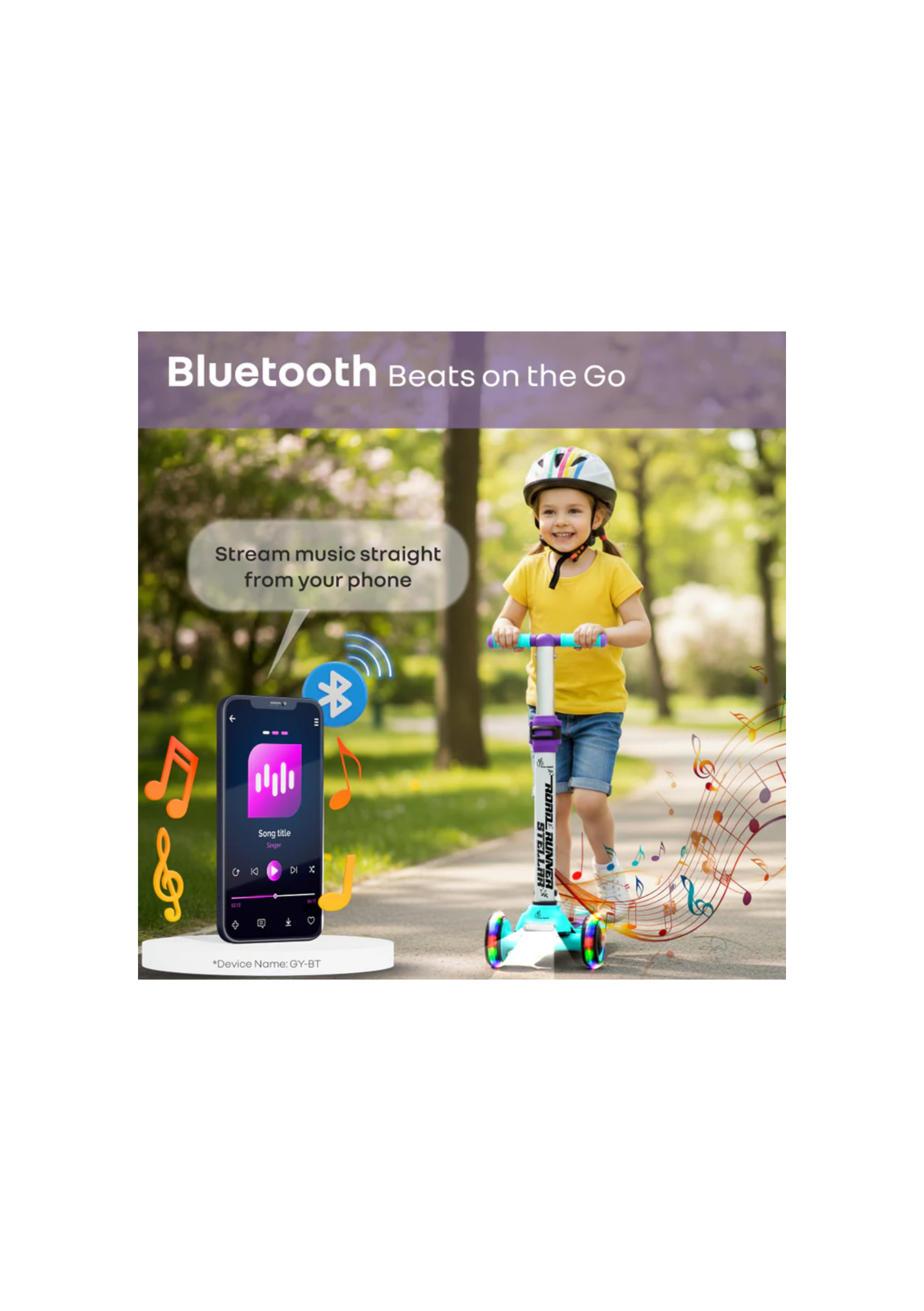 R For Rabbit Road Runner Stellar - LED Scooter for Kids with Bluetooth Music, Adjustable Height & Smooth Ride Green Purple