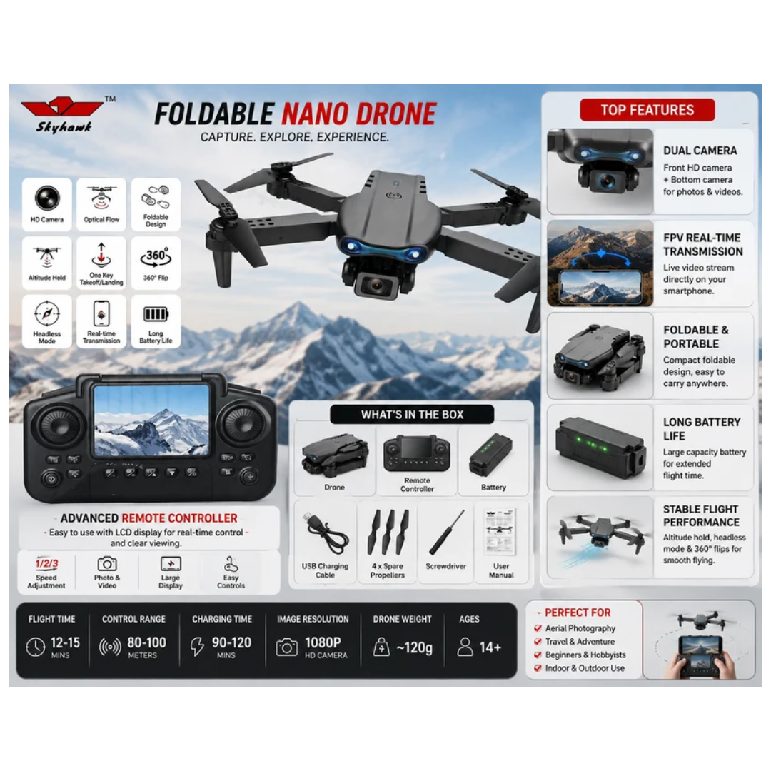 Skyhawk Foldable Nano Drone with Dual Camera, Optical Flow & Display Remote Controller