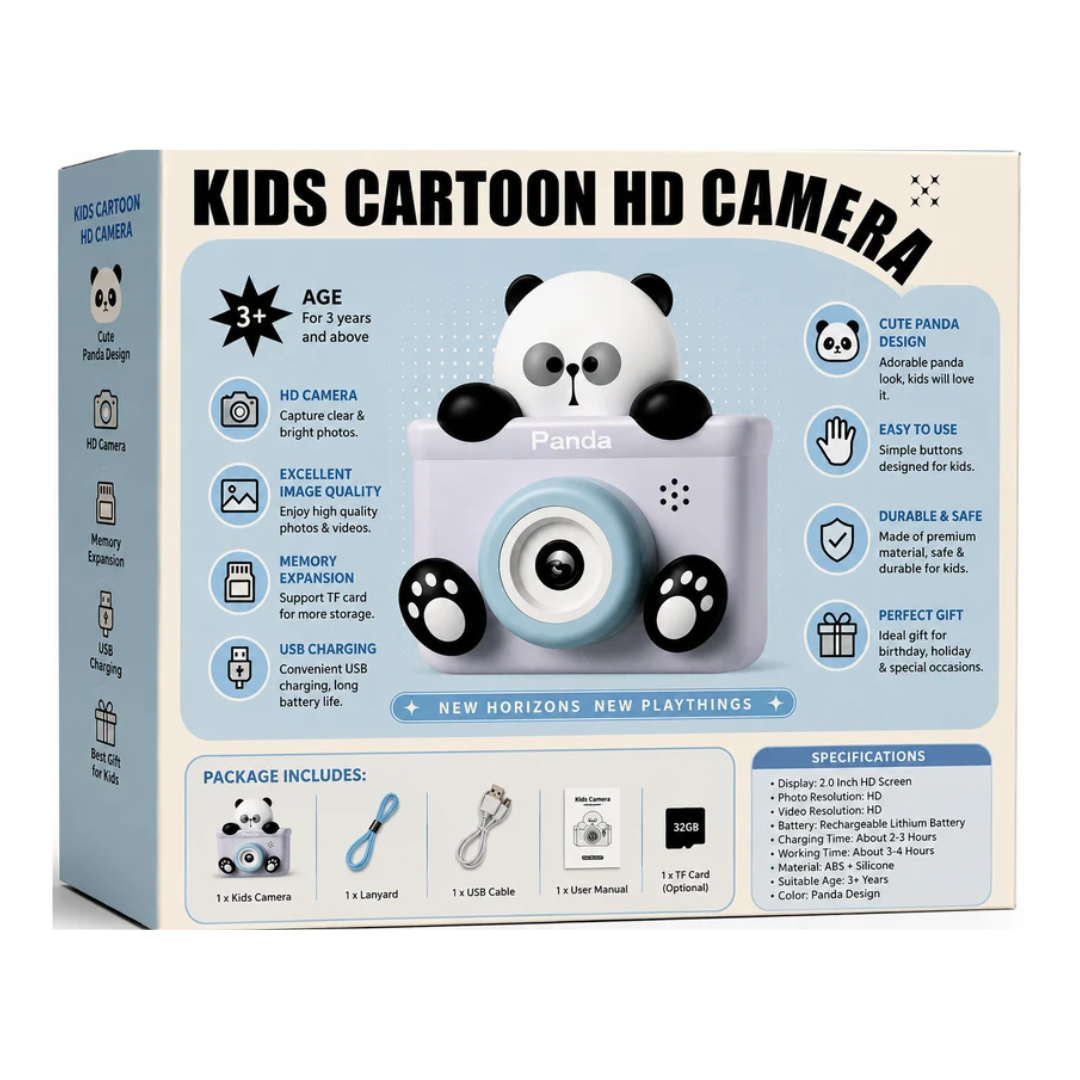 Kids Cartoon HD Digital Camera – Cute Panda Camera with USB Charging Assorted Color