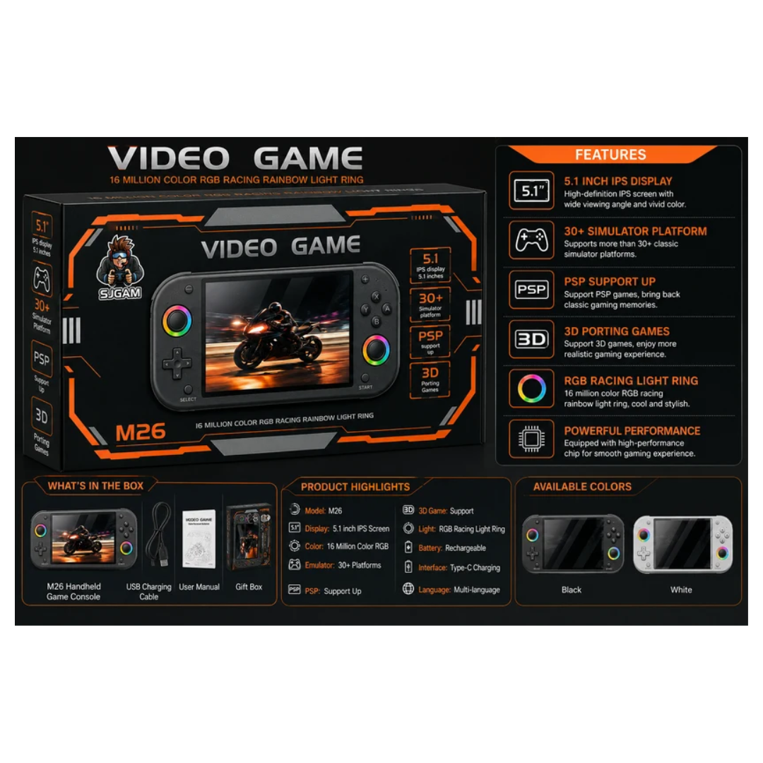 SJGAM M26 Handheld Game Console 5.1-Inch IPS Display with PSP & 3D Support