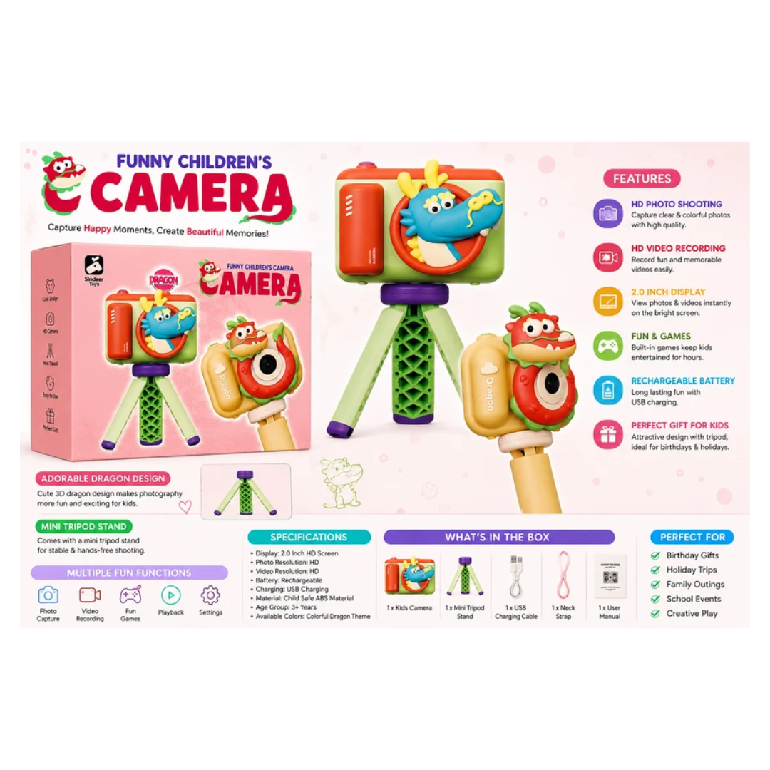 Sindeer Toys Dragon Kids Digital Camera with Mini Tripod Stand Assorted Color