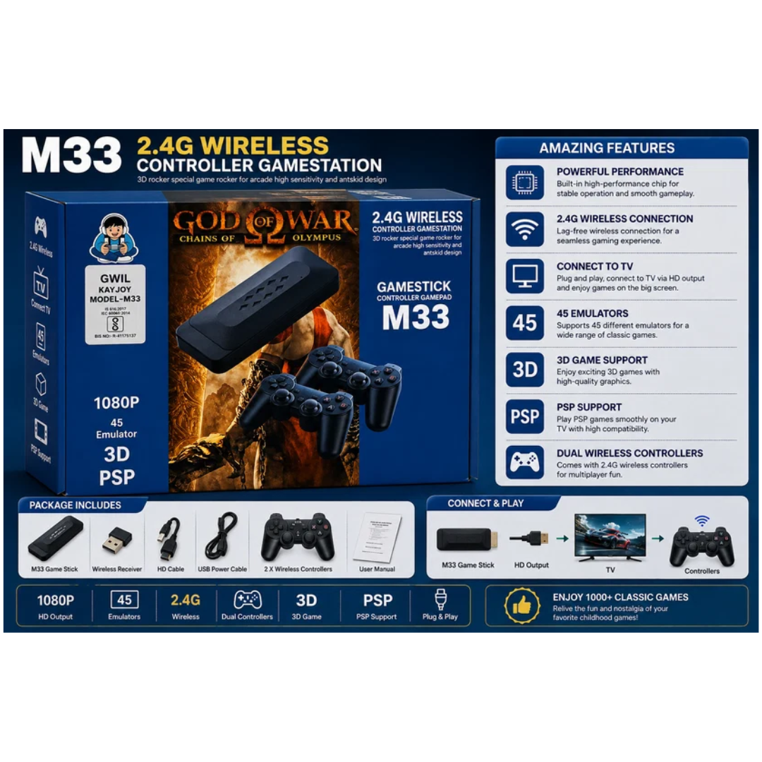 M33 2.4G Wireless Game Station 1080P with 45 Emulators & Dual Controllers