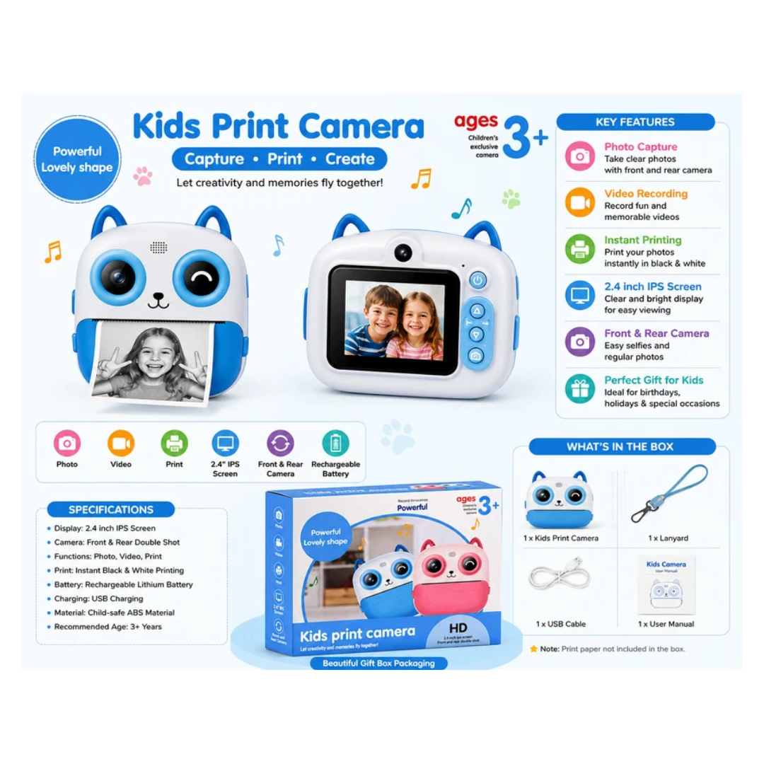 Kids Instant Print Camera with 2.4" IPS Screen – Cute Camera for Kids assorted color