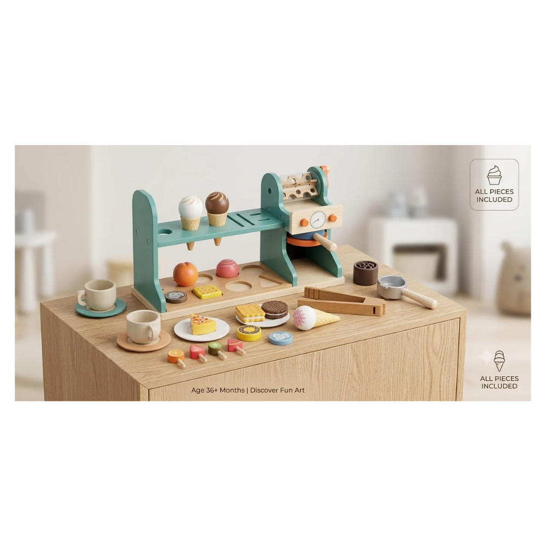 2-in-1 Wooden Ice Cream & Coffee Machine Playset – Montessori Pretend Play Kitchen Café & Dessert Counter Toy for Kids (Ages 3+)