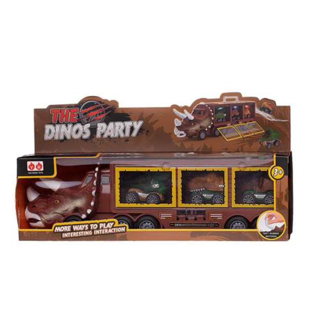 Dinosaur Transport Truck Toy with 3 Cars Dino’s Party Storage & Playset