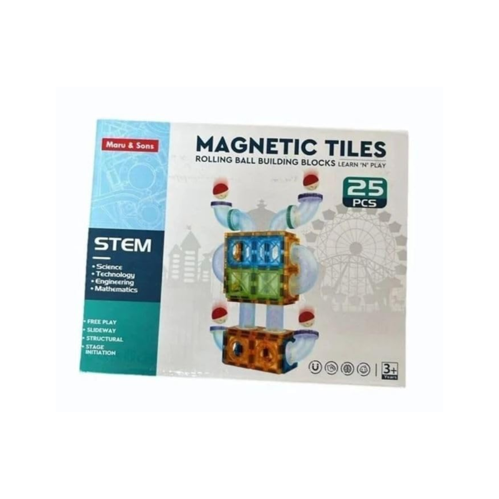 Maru And Sons STEM Magnetic Tiles Building Blocks, 25 Pieces Rolling Ball Track Set