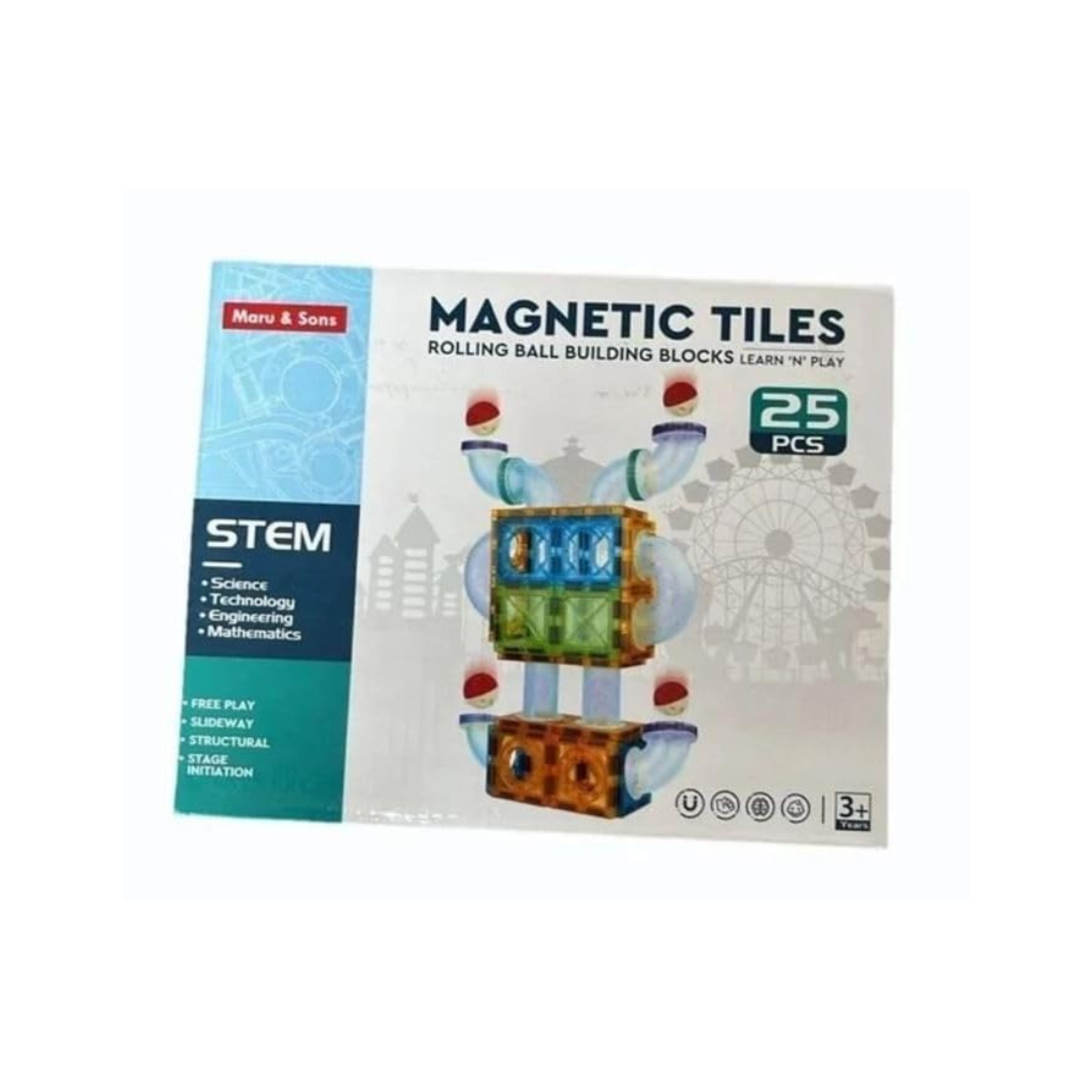 Maru And Sons STEM Magnetic Tiles Building Blocks, 25 Pieces Rolling Ball Track Set