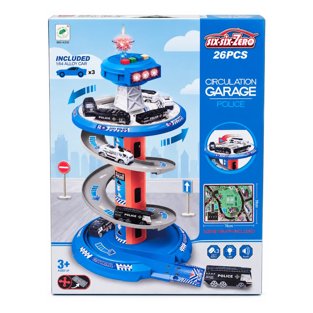 Six-Six-Zero 26 PCS Police Circulation Garage Playset with 3 Alloy Cars