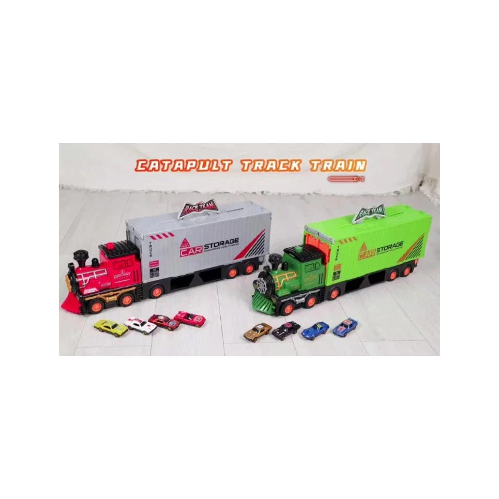 Ejection Car Super Large Foldable Train Car Storage Track Set with 8 Mini Diecast Cars – 2.48M Racing Playset for Kids