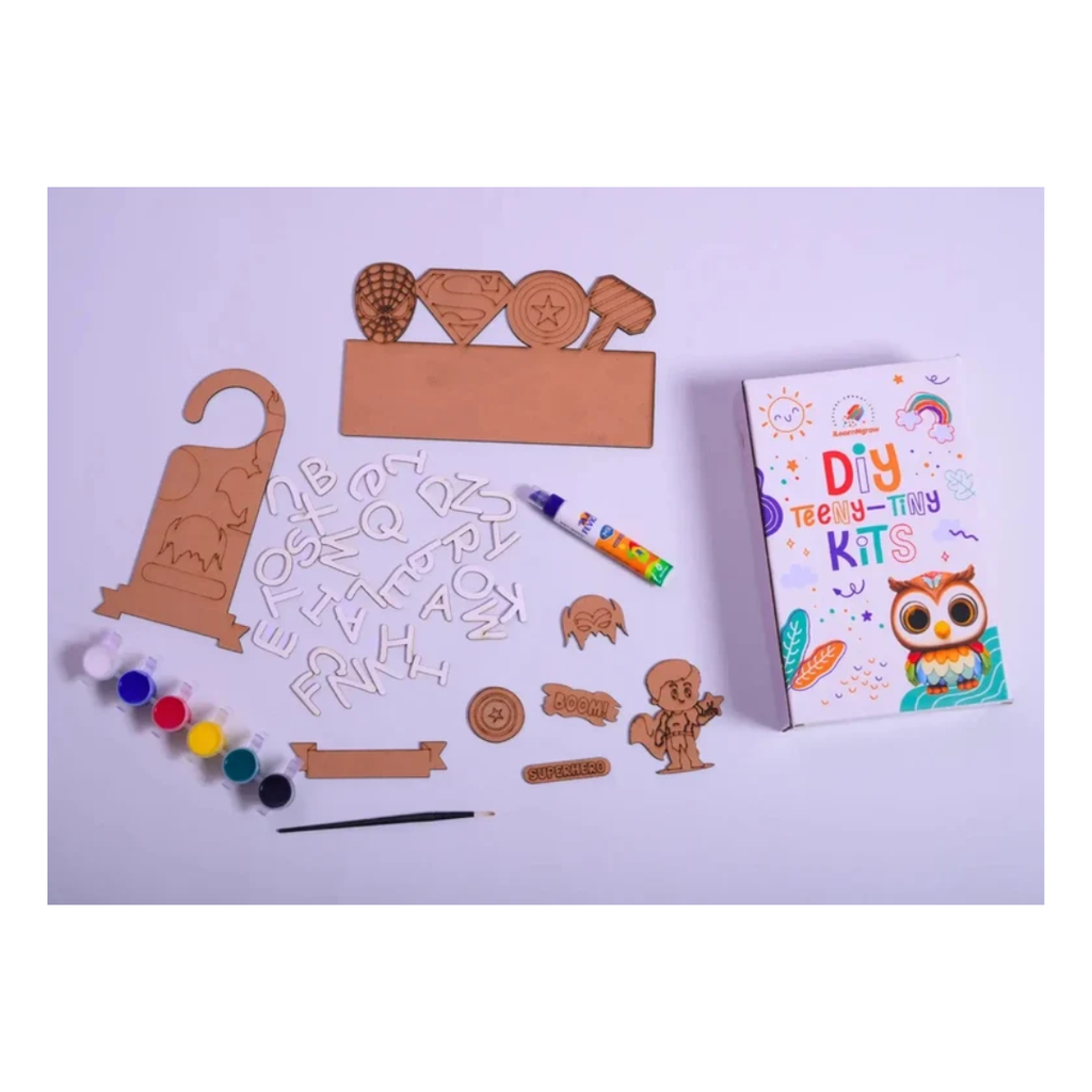 iLearnNGrow Teeny Tiny Superhero DIY Name Plate Kit & Door Knob Kit – Room Decor Craft for Kids